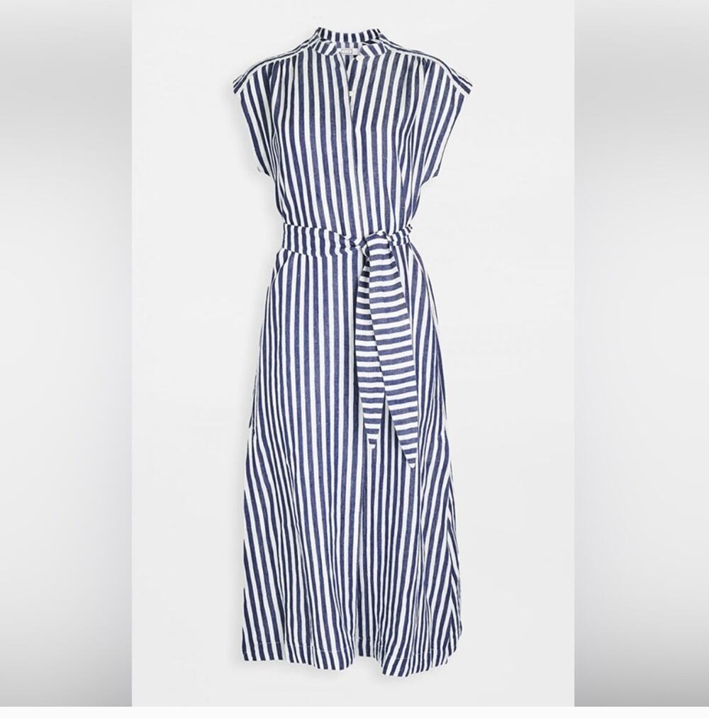 AYR Linen Sunset Midi Dress S Blue White Stripe Coastal Travel Resort Luxury - Picture 1 of 9